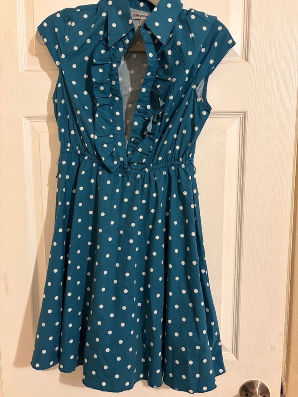 Bailey 44 Teal Polka Dot Ruffle V-Neck Dress
